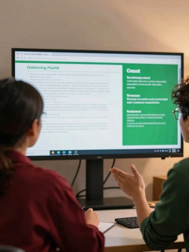 Over-the-shoulder view of a digital marketing team planning content on a large screen, warm indoor lighting, focused expressions, 35mm, rich carmine and forest green tones.