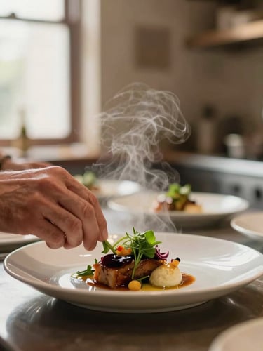 Portrait shot of a chef's hands delicately plating a gourmet dish in a busy, warm-lit kitchen, steam rising, blurred background of a rustic dining room, soft diffused daylight, rich carmine and forest green tones, shallow depth of field, 35mm.