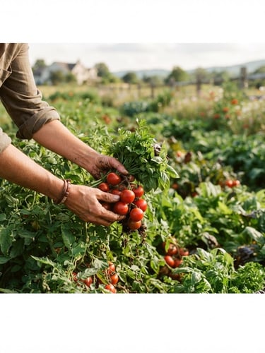Wide panoramic shot of hands gently harvesting fresh, organic vegetables in a sun-drenched field, soft diffused daylight, rich carmine and forest green tones, shallow depth of field, 35mm