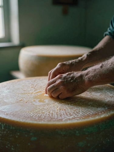 Close-up portrait of an artisanal cheese maker's hands carefully turning a wheel of aging cheese in a cool, rustic cellar, moody shadows, soft light from a single window, rich carmine and forest green tones, shallow depth of field, 35mm
