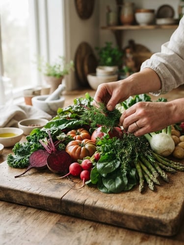 Wide panoramic shot of hands carefully arranging fresh, vibrant vegetables and herbs on a rustic wooden board, soft diffused Scandinavian daylight, shallow depth of field, rich carmine and forest green tones, 35mm
