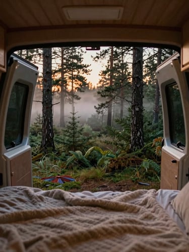 Cozy portrait-oriented scene inside a custom campervan at dusk, warm interior glow, a bed with wool blankets, looking out the open rear doors to a misty pine forest, 35mm film