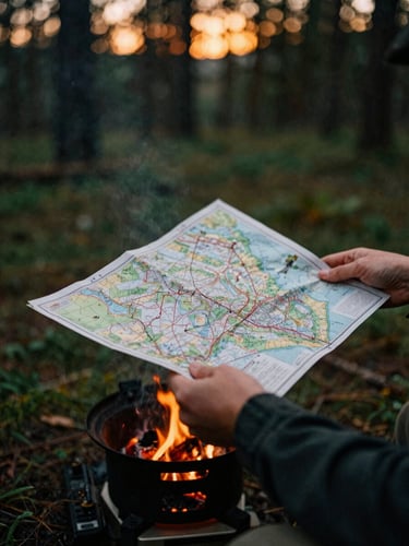 Intimate authentic close-up of hands holding a worn topographical map over a camp stove, warm campfire glow, dark green and ochre tones, 35mm film style.