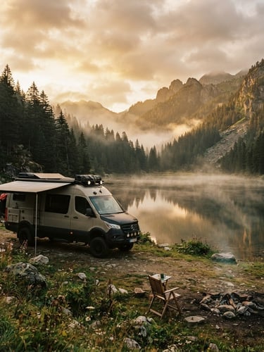 Wide environmental landscape, a fully equipped campervan parked near a misty alpine lake at golden hour, dense pine forest, 35mm film style.