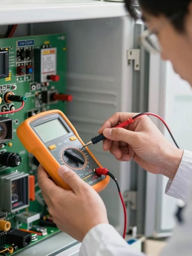 Close-up of a technician's hands in a clean branded uniform using a digital multimeter to calibrate a modern refrigerator control board, bright natural light.