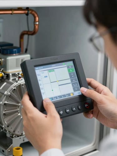 Macro close-up of a professional technician calibrating a digital diagnostic screen on a modern refrigerator compressor, bright technical lighting, copper piping in background.