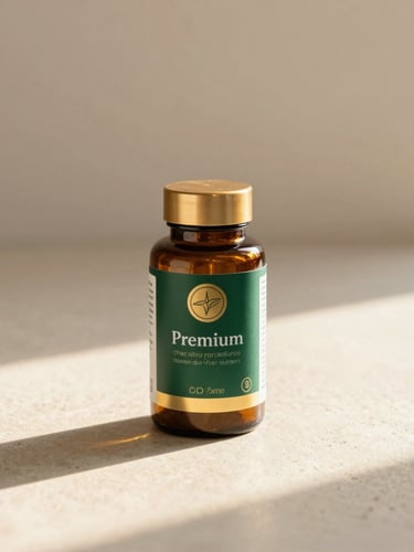 Premium dark amber glass supplement bottle on a clean light stone surface, warm golden hour sunlight casting elegant long shadows, clinical minimalist aesthetic