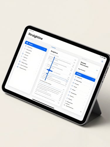 Straight-on isometric device mockup of a modern tablet displaying a clean, highly legible user interface with blueprint blue accents, soft studio lighting, realistic shadows, warm off-white background.