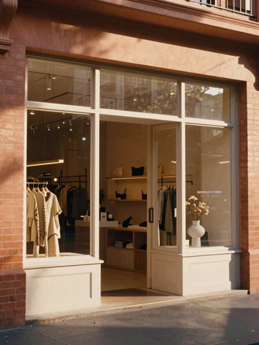 Warm sunlit boutique storefront on a quiet Melbourne street, morning golden-hour light casting soft shadows, earthy terracotta brickwork, 35mm film aesthetic