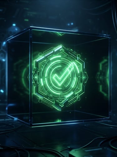 Futuristic 3d render of a glowing neon green verification badge floating inside a dark glass cube, sleek tech aesthetic, low-key dark studio lighting with electric blue accent glows, highly detailed