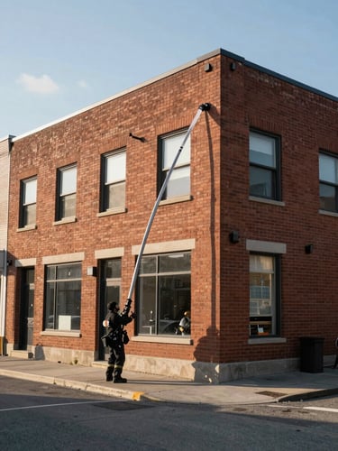 Wide shot from street level, technician extending a water-fed pole up the facade of a 3-storey brick commercial building in Longueuil, morning daylight, equipment visible, no studio lighting