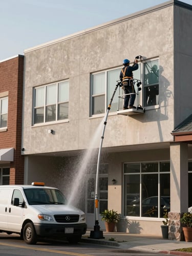Close-up environmental shot of a window cleaner using a water-fed pole on a two-storey commercial facade in a South Shore suburb, natural morning daylight, building context visible — parked service truck on the street below, no filters