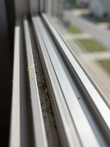 Close-up of a window rail track before and after cleaning side by side on a suburban residential window, left side shows accumulated grime and dust in the groove, right side gleaming clean aluminum, natural morning daylight, no filters