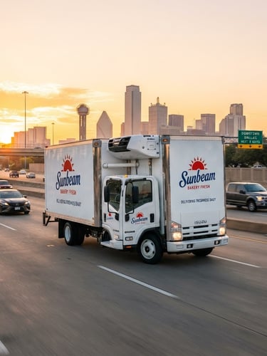 A clean white refrigerated delivery truck with Sunbeam branding driving on a Dallas highway at sunrise, bright Texas morning light, professional commercial logistics style, portrait aspect