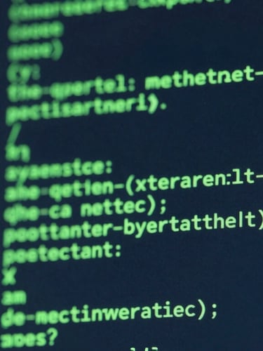 Macro shot of a dark-mode computer screen showing lines of green parsing code, neon green accents, sharp focus, 35mm lens.