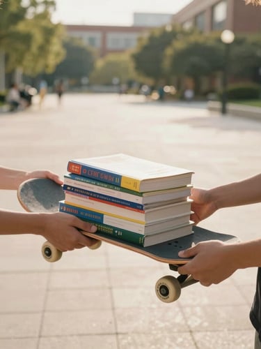 A close-up, first-person view of two students exchanging a skateboard and a stack of textbooks on a sunny campus quad, warm late afternoon light, dynamic angle.