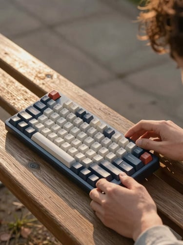 First-person perspective of two young adults exchanging a mechanical keyboard on a campus wooden bench, late afternoon golden hour light glinting off the keycaps, dynamic close-up framing.