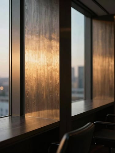 Cinematic side-lit view of a high-end architectural office with brushed metal and dark wood, warm golden-hour light cutting through tall windows, shallow depth of field, 35mm
