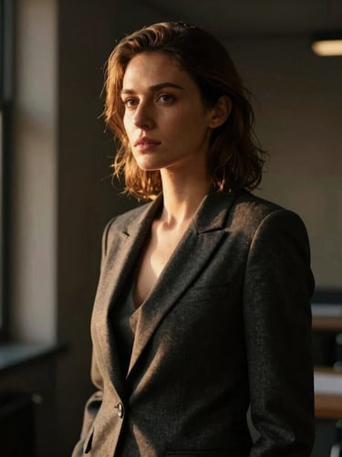 Dramatic side-lit editorial portrait of a female strategist in a charcoal blazer, warm golden-hour light through a window, dark architectural office background, shallow depth of field, 35mm