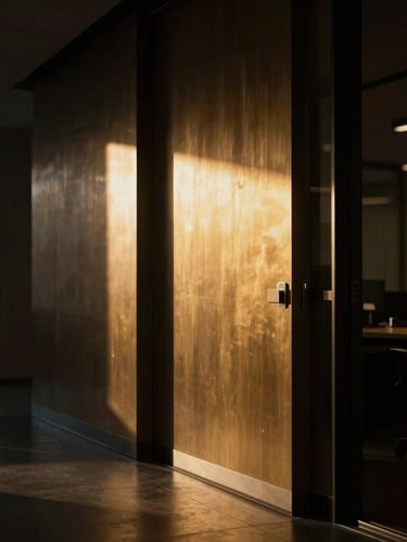 Dramatic architectural office interior, low-key side-lighting, deep shadows, warm gold accents on brushed metal, 35mm photography