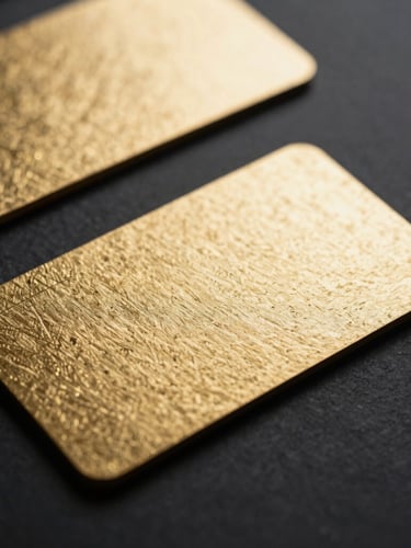 Extreme close-up of heavy gold-foiled business cards resting on a dark charcoal textured paper, dramatic side-lighting, shallow depth of field, 35mm
