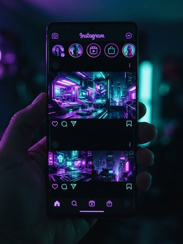 Close up of a premium mobile screen showing high-contrast Instagram feed mockups with vibrant purple and teal UI elements, sharp focus, dark-mode tech photography