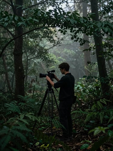 A cinematographer adjusting a camera on a tripod in a misty forest at dawn, soft moody natural lighting, deep green and charcoal tones, cinematic landscape