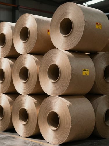 Wide shot of massive kraft paper rolls stacked vertically in an industrial warehouse, high contrast shadows, safety markings visible.