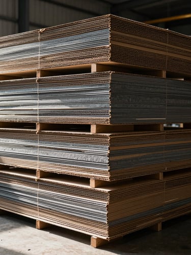 Wide environmental shot of stacked flat-packed custom corrugated boxes in a high-contrast industrial warehouse, natural light hitting the cardboard fluting, slate gray shadows.