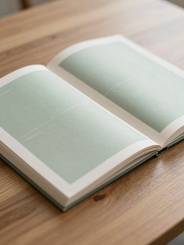 A close-up tactile shot of a bespoke printed brand guidelines book open on a heavy oak desk, soft diffused morning light, sage green tones, shallow depth of field, 35mm