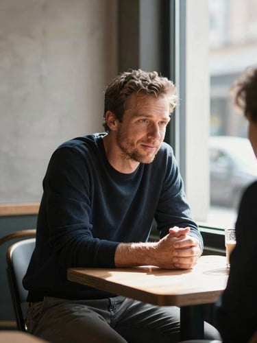 Anderson in conversation at a café corner table, leaning slightly forward, listening, daylight from a window behind him illuminating the table surface, no posed smile, genuine attention visible in the frame