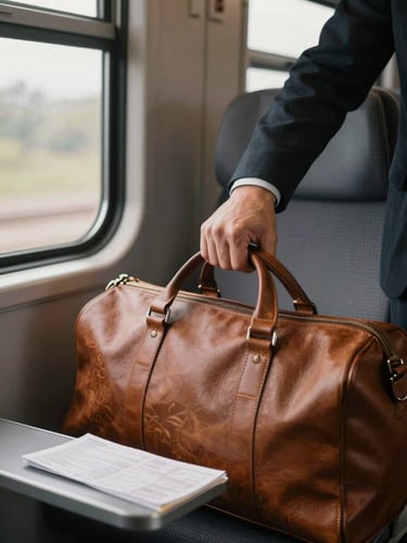 Close frame inside a train carriage, Anderson's hand resting on a leather travel bag handle, a folded itinerary visible beneath it, soft diffused daylight from a window to the left, warm gray upholstery in background