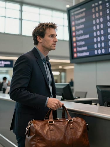 Close-medium shot of Anderson at a transit counter, one hand resting on a leather travel bag, attention directed at a departures board just out of frame, available daylight from a high window, real airport or train station environment, tight enough to read his focus and posture