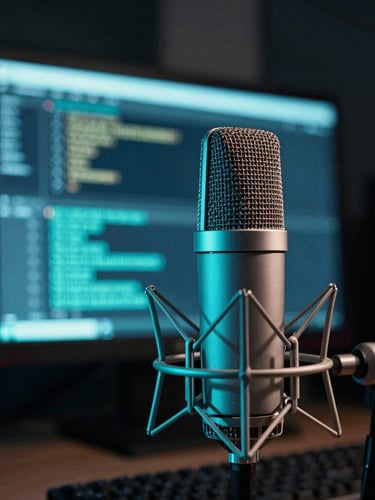 Macro shot of a high-end home recording studio, neon-cyan ambient light reflecting off a professional condenser microphone and a glowing monitor showing code, shallow depth of field.