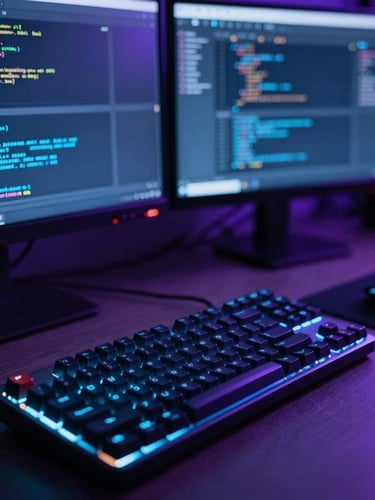 Macro shot of a modern clean workspace at night, a glowing mechanical keyboard and dual monitors showing code editors, dramatic cool blue and purple ambient studio lighting, shallow depth of field.