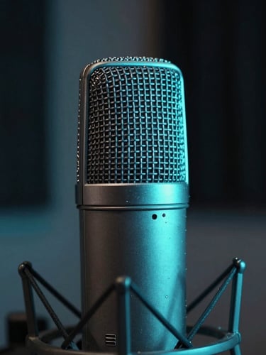 Macro shot of a high-end recording microphone in a dark home studio, soft neon cyan ambient glow, acoustic panels in the deep background, shallow depth of field.