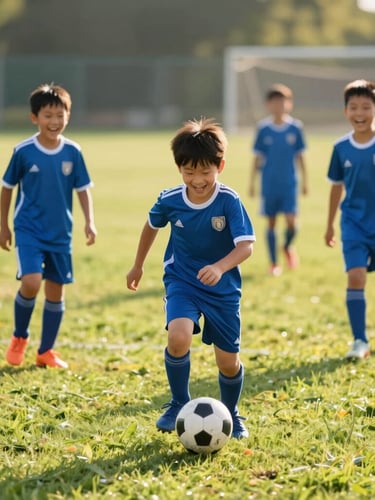 Joyful children laughing during a soccer drill on green grass, warm natural afternoon sunlight, shallow depth of field, 35mm