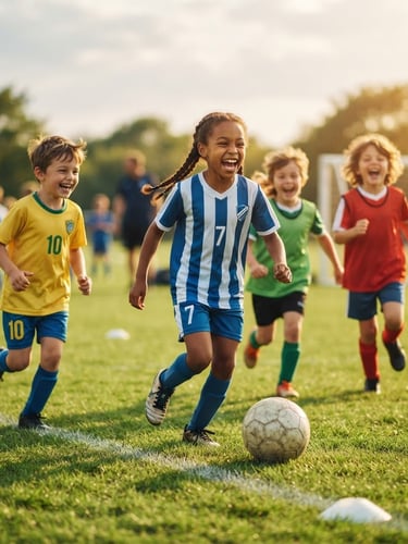 Joyful children laughing during a soccer drill on green grass, warm natural afternoon sunlight, energetic friendly mood, shallow depth of field, 35mm