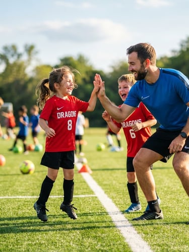 Joyful children high-fiving their coach on a bright green soccer field during a friendly training session, warm afternoon sunlight, vibrant colors, shallow depth of field