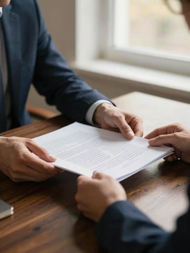 A hands-on view of an investor reviewing physical financial documents on a dark wooden table under soft, warm window light.