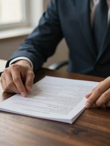 A professional medium close-up of hands reviewing physical financial planning documents on a dark wooden table under soft, warm window light, shallow depth of field