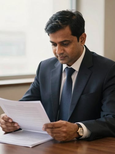 A warm professional portrait of Anand Kumar Mishra, an Indian male financial advisor in a dark navy suit, sitting in a modern office with soft natural window light, reviewing physical financial documents, 35mm photography