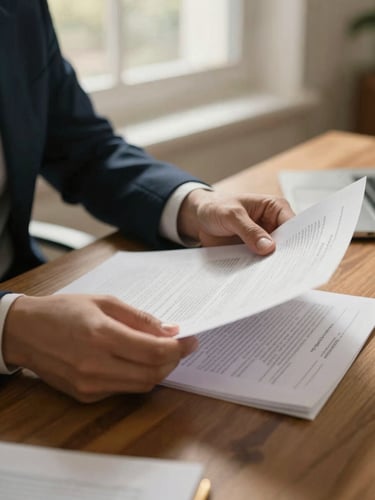 A professional close-up of hands reviewing physical financial documents on a wooden desk under warm, natural window light