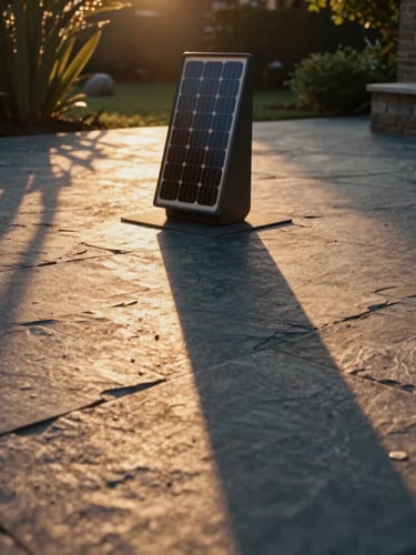 Low-angle environmental shot of a modern solar resin garden sculpture casting long, dramatic golden-hour shadows on a raw slate patio, warm 35mm photography.