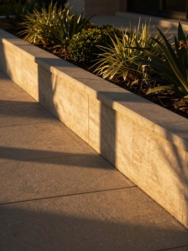 Low-angle architectural garden setting, a composite planter bed casting long shadows in golden hour light, 35mm lens