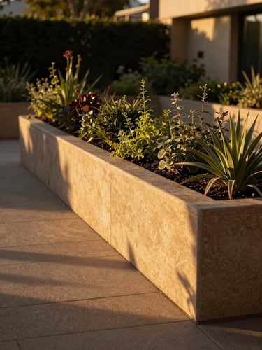 Low-angle environmental shot of a raised composite herb planter bed in a lush architectural garden, warm late-afternoon golden-hour sunlight casting long, dramatic shadows, 35mm lens, rich earthy tones.