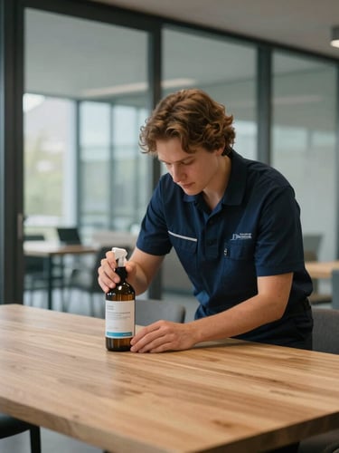 Groothoekopname van een modern, licht kantoor in Leiden met glazen wanden. Een professionele schoonmaker in een subtiel donkerblauw uniform reinigt geconcentreerd een minimalistisch houten bureau met een milieuvriendelijke spray.