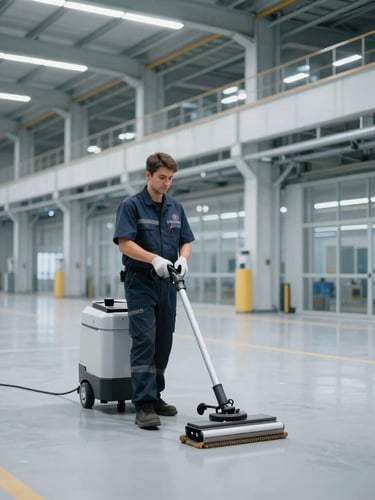 Wide environmental shot of a spotless modern industrial facility with clean cool-toned indoor architectural lighting, showing a professional cleaning specialist in uniform operating high-end floor scrubbers.