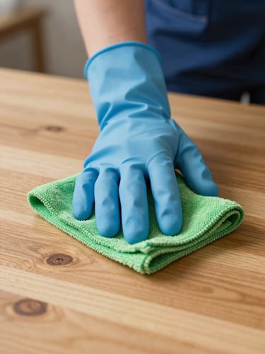 Close-up of professional cleaning staff wearing blue protective gloves, carefully wiping down a wooden desk surface with a green microfiber cloth, bright natural daylight