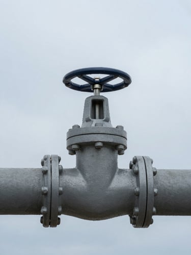 Close-up architectural photograph of a steel water control valve and concrete conduit, cool overcast daylight, sharp technical focus